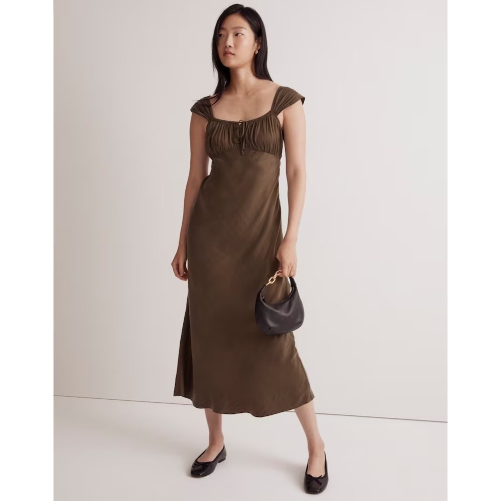 Madewell Olive Green Milkmaid Tie Square Neck Midi Dress Gathered Bodice Bias 10